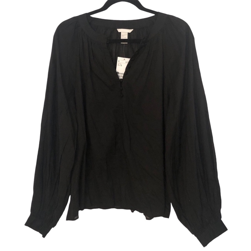 H&M Black 100% Cotton lightweight Sheer Button Front  Balloon Sleeve Flowy Top